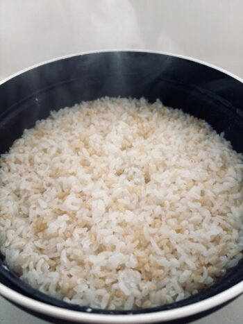 ガスコンロの炊飯機能を使い炊きあがったご飯の写真。おいしそう。